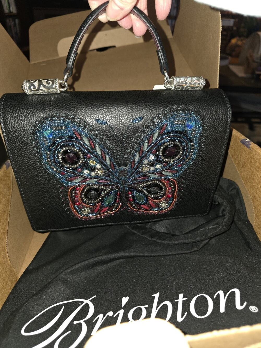 Brighton Majestic Butterfly Bag Crossbody Black Pebbled Leather Beaded Jeweled